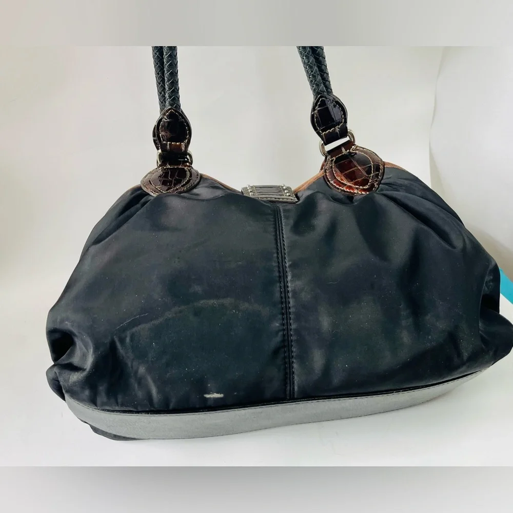 Y2K style Brighton nylon and leather shoulder bag, reptile and cheetah print
